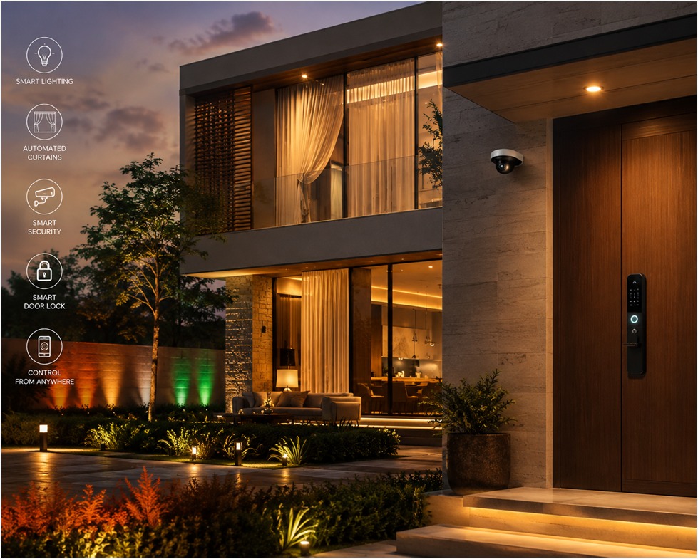 Modern Indian luxury home with smart lighting, automated curtains, and smart security showcasing intelligent living