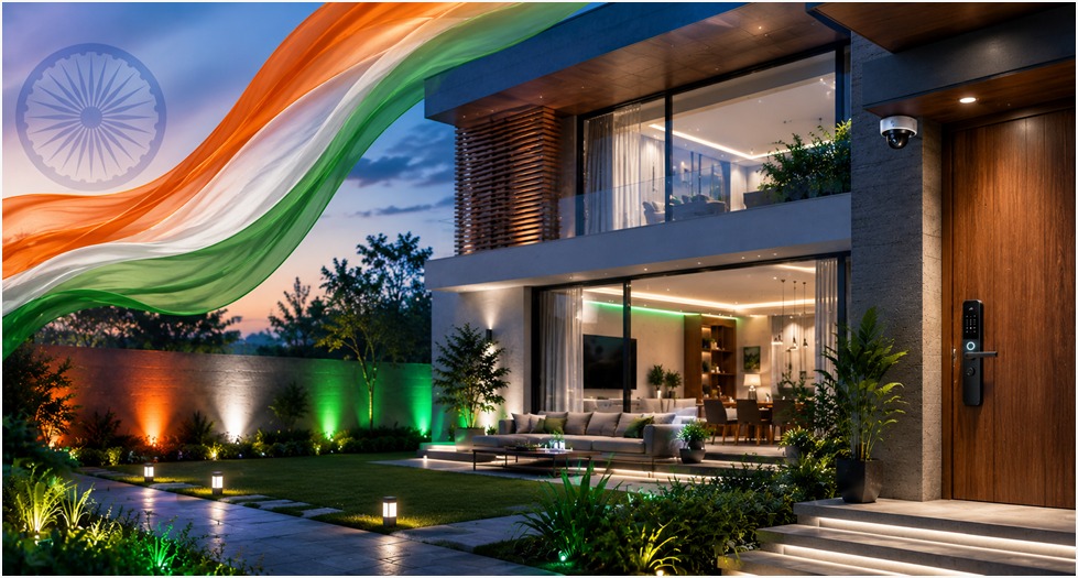 Modern Indian luxury home with smart lighting, automated curtains, and smart security showcasing intelligent living